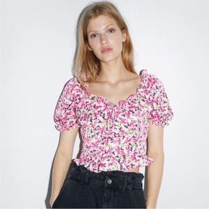 Zara Pink Floral Ruffle Cropped Blouse